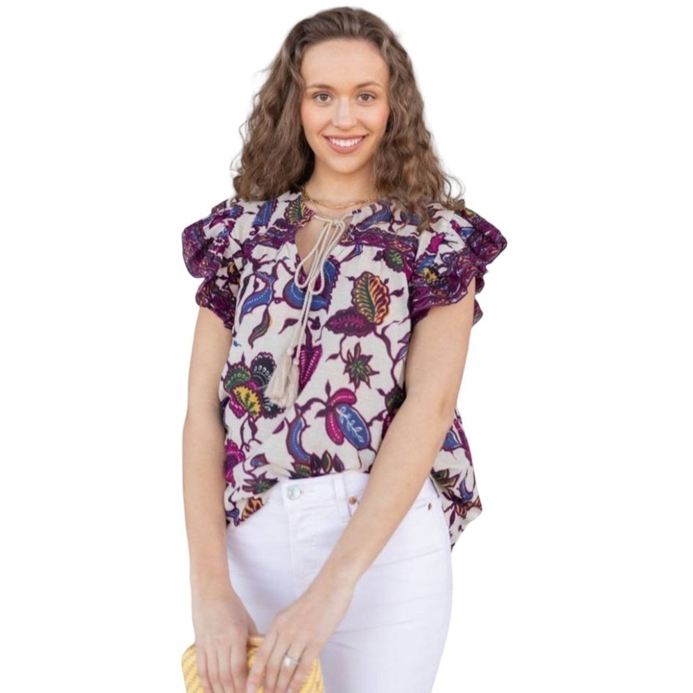NWT Love the Label New Ruffle Flutter Sleeve Floral Print V Neck Blouse Shirt S